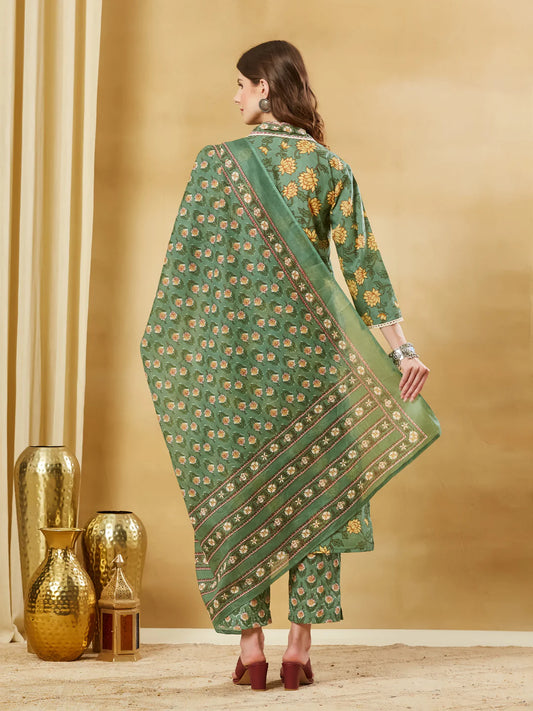 INDICASA Green A-Line Cotton Kurta Pant Set With Dupatta