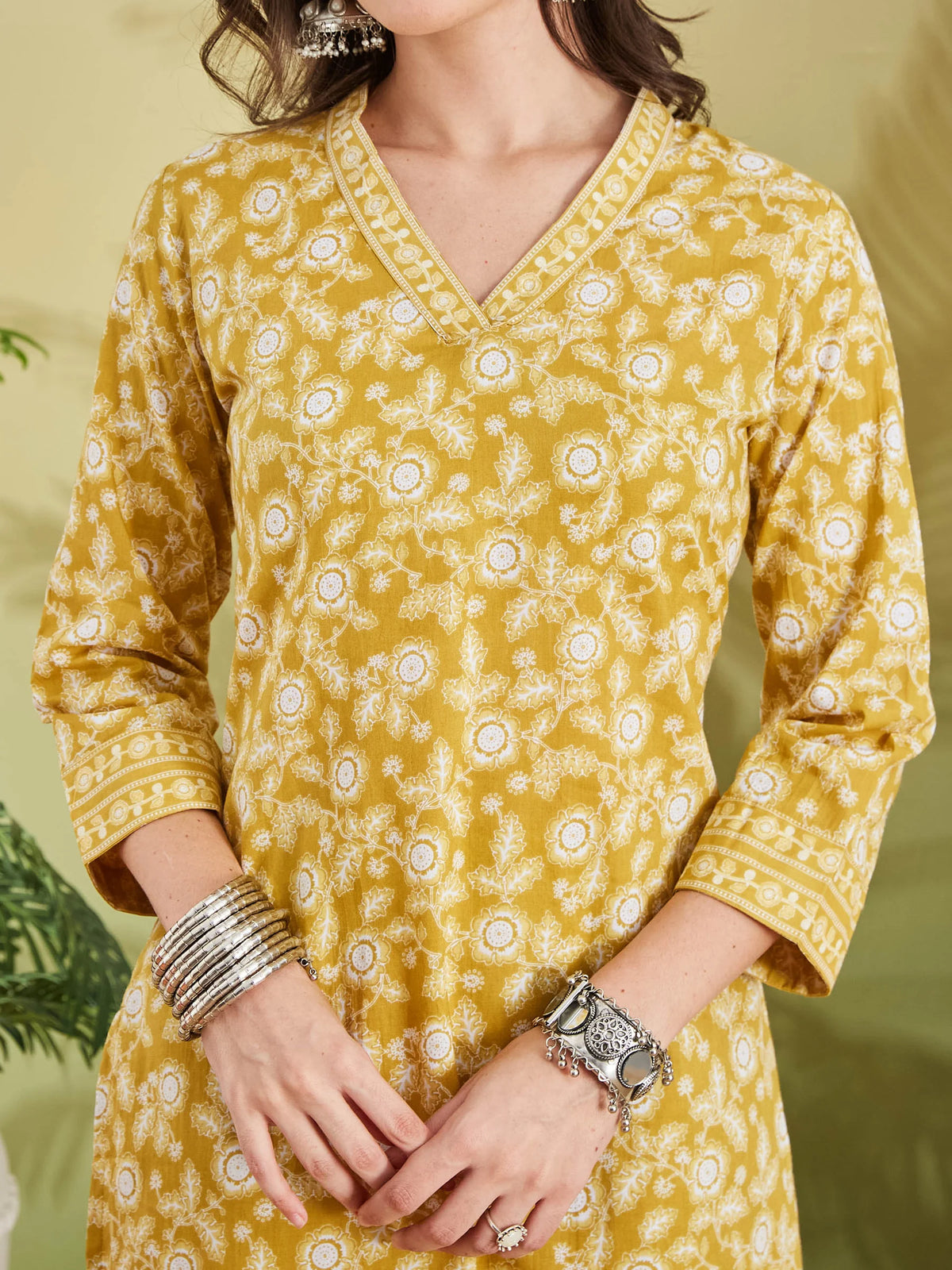 INDICASA Women Floral Printed Pure Cotton A-Line Yellow Kurta With Pants