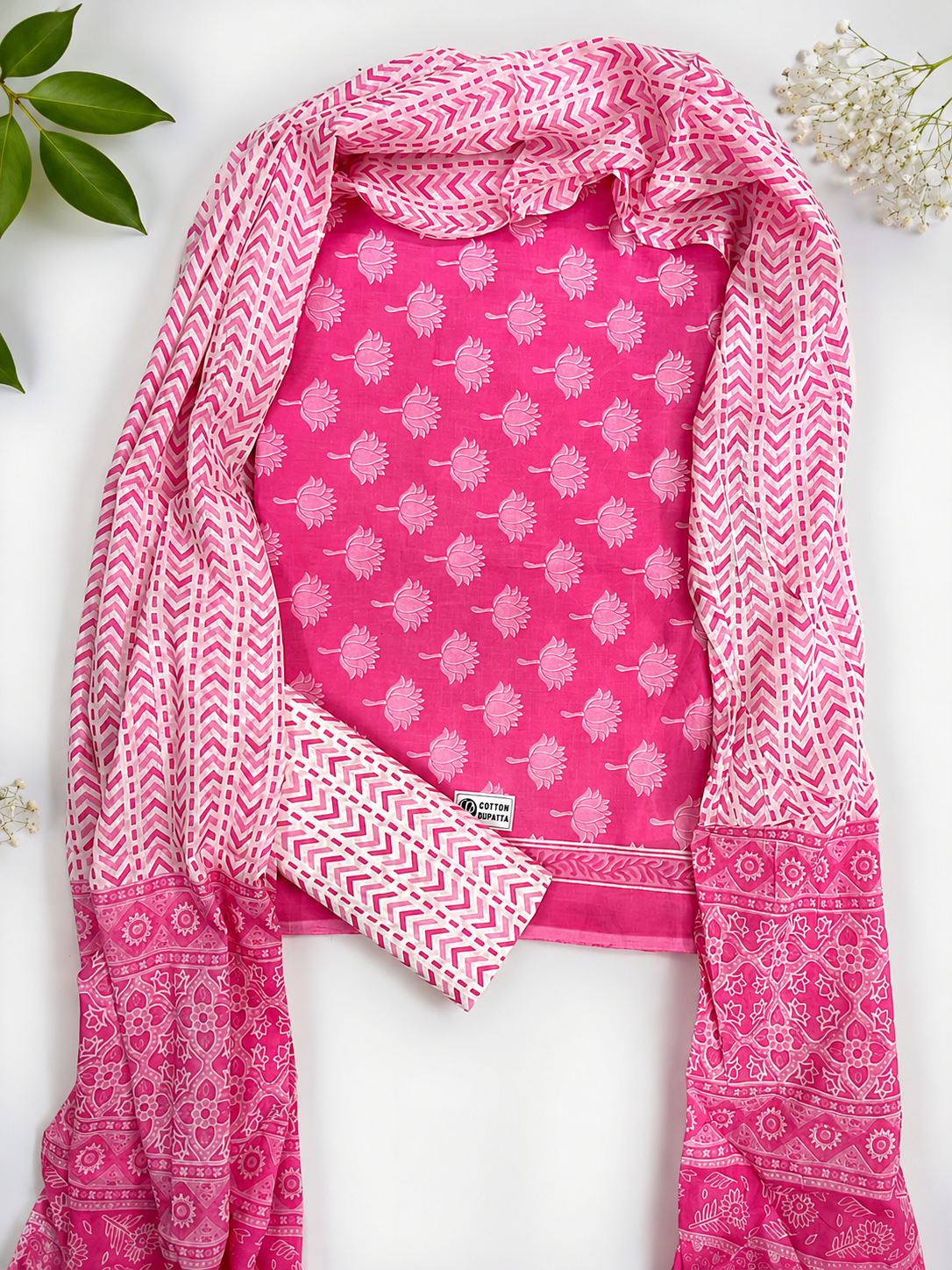 INDICASA Pink Floral Printed Cotton Suit With Cotton Dupatta (Pink)