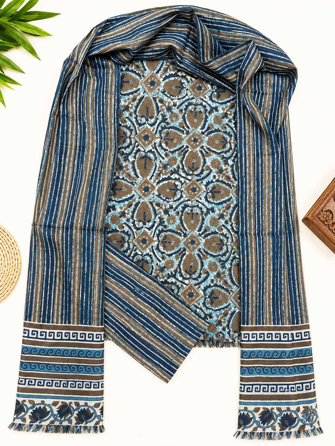 INDICASA Digital Printed Cotton Suit With Cotton Dupatta (Blue and Grey)