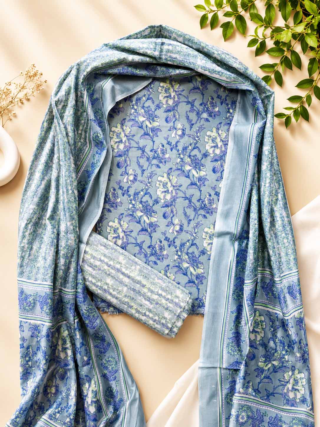 Unstitched Pure Cotton Suit with Cotton Dupatta (Light Blue)