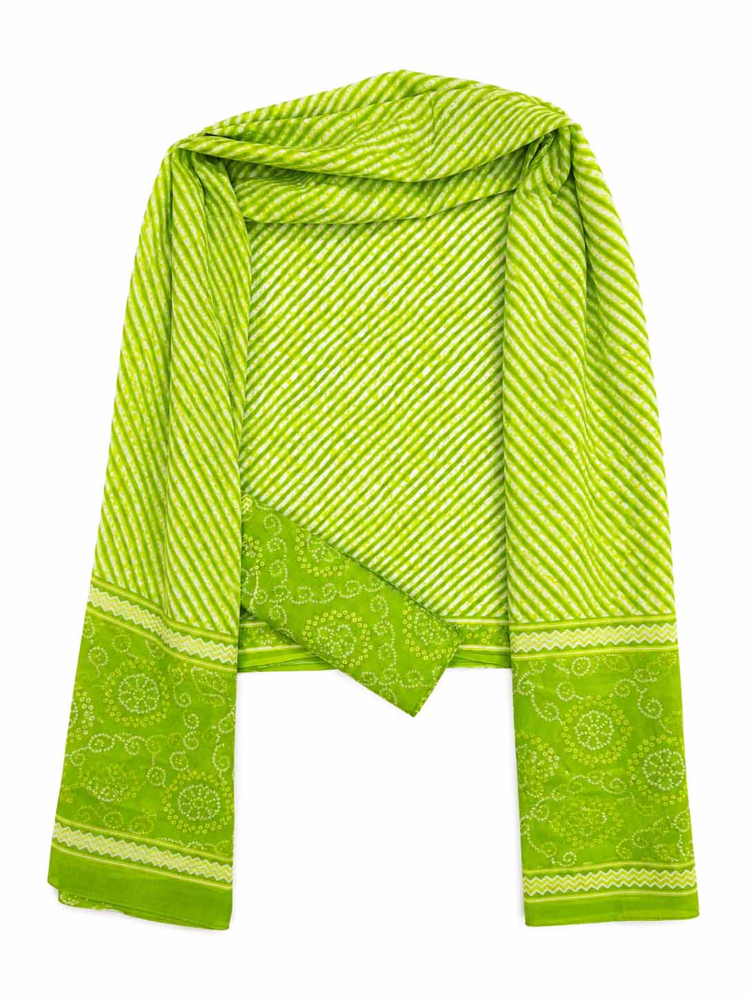 INDICASA Sawan Teej Special Green Lehariya Printed Cotton Suit With Cotton Dupatta (Light Green)