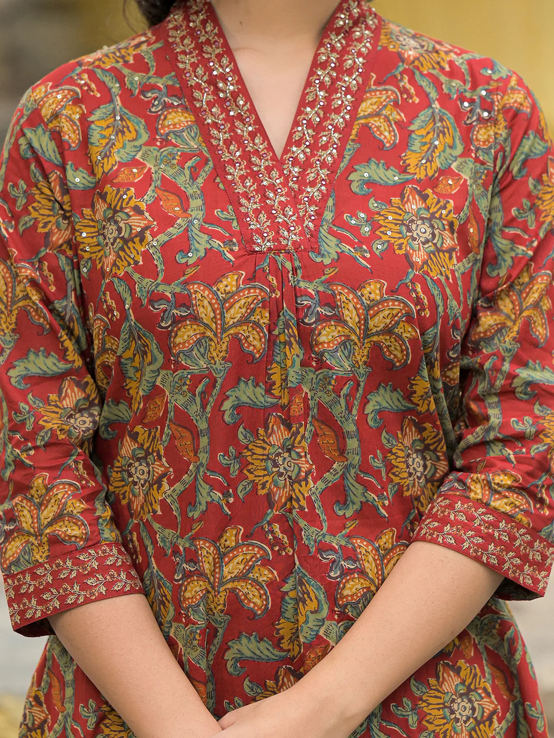 INDICASA Maroon Cotton V-neck Kurta Pant Set with Dupatta