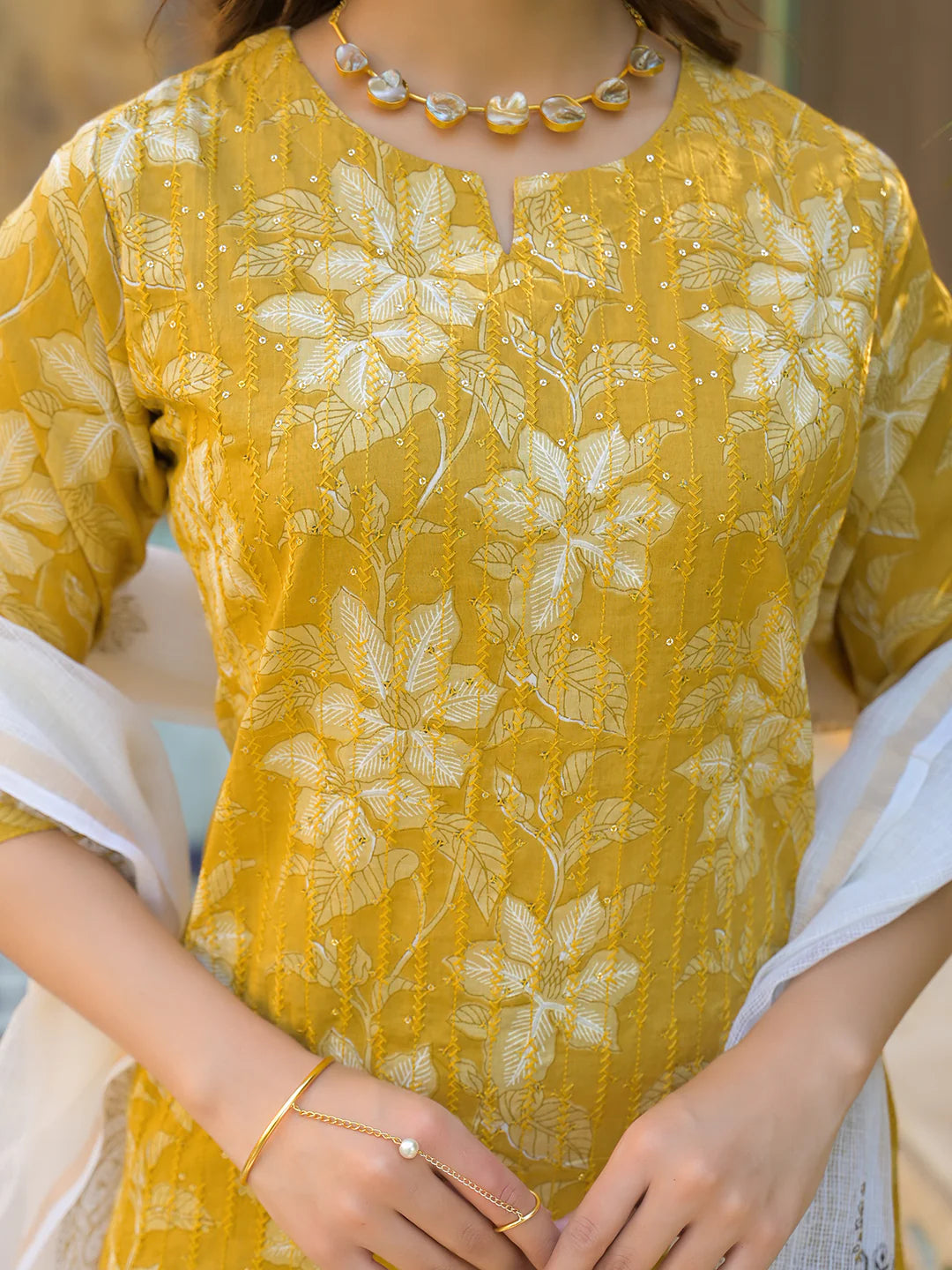 INDICASA Mustard Floral Print Cotton Straight Fit Kurta Pant with Dupatta