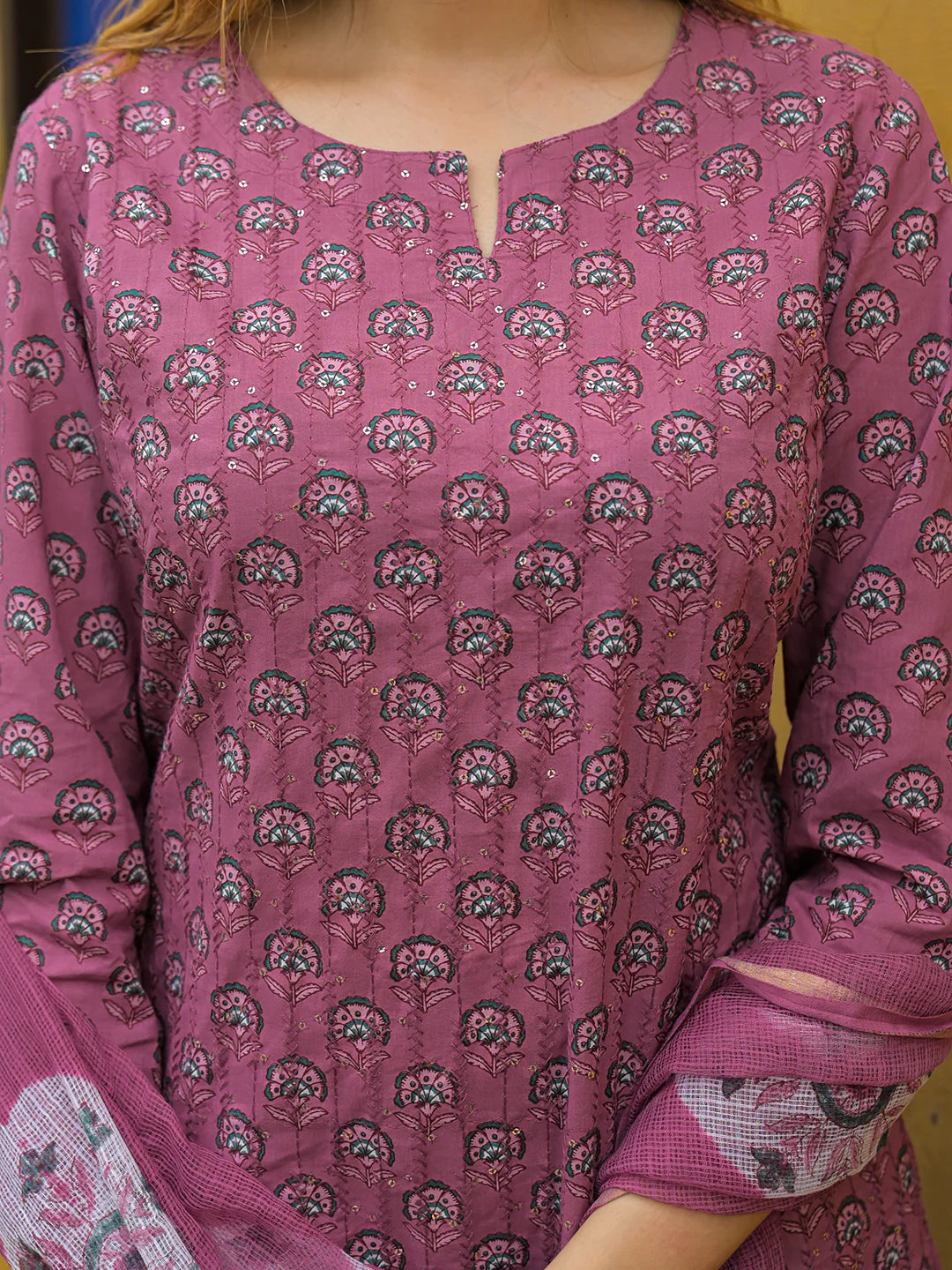 INDICASA Pink Embroidered Cotton Straight Kurta Pant Set With Dupatta