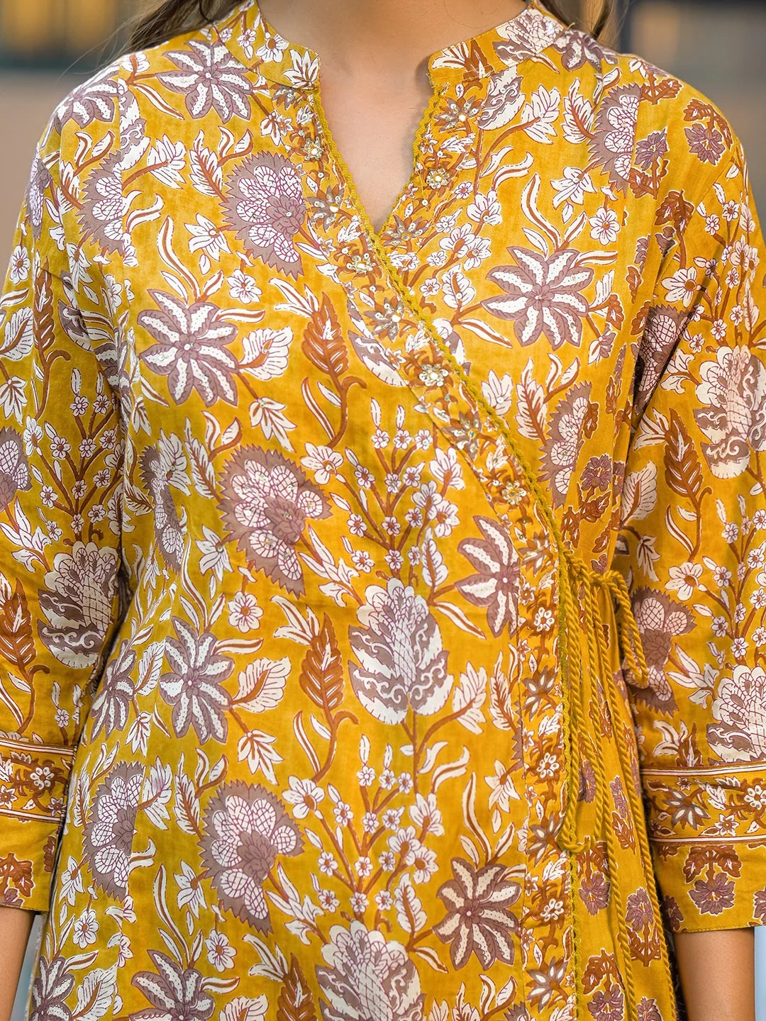 INDICASA Mustard Floral Print Cotton Kurta Sets With Dupatta