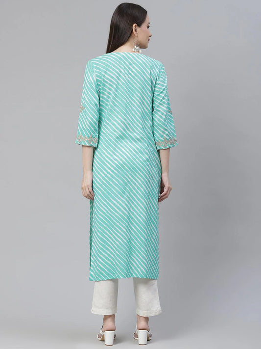 INDICASA Green Leheriya Cotton Gota Patti Straight Kurta