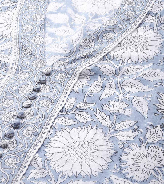 INDICASA Sky blue Hand Block Printed Straight kurta Pant Set with Dupatta
