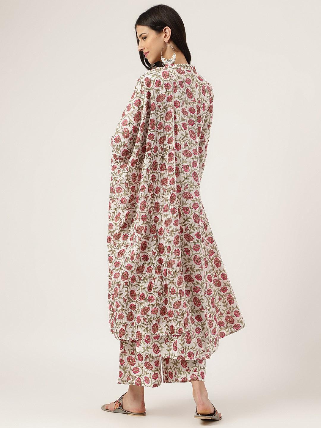 INDICASA White Floral Printed Anarkali Kurta Palazoo Sets