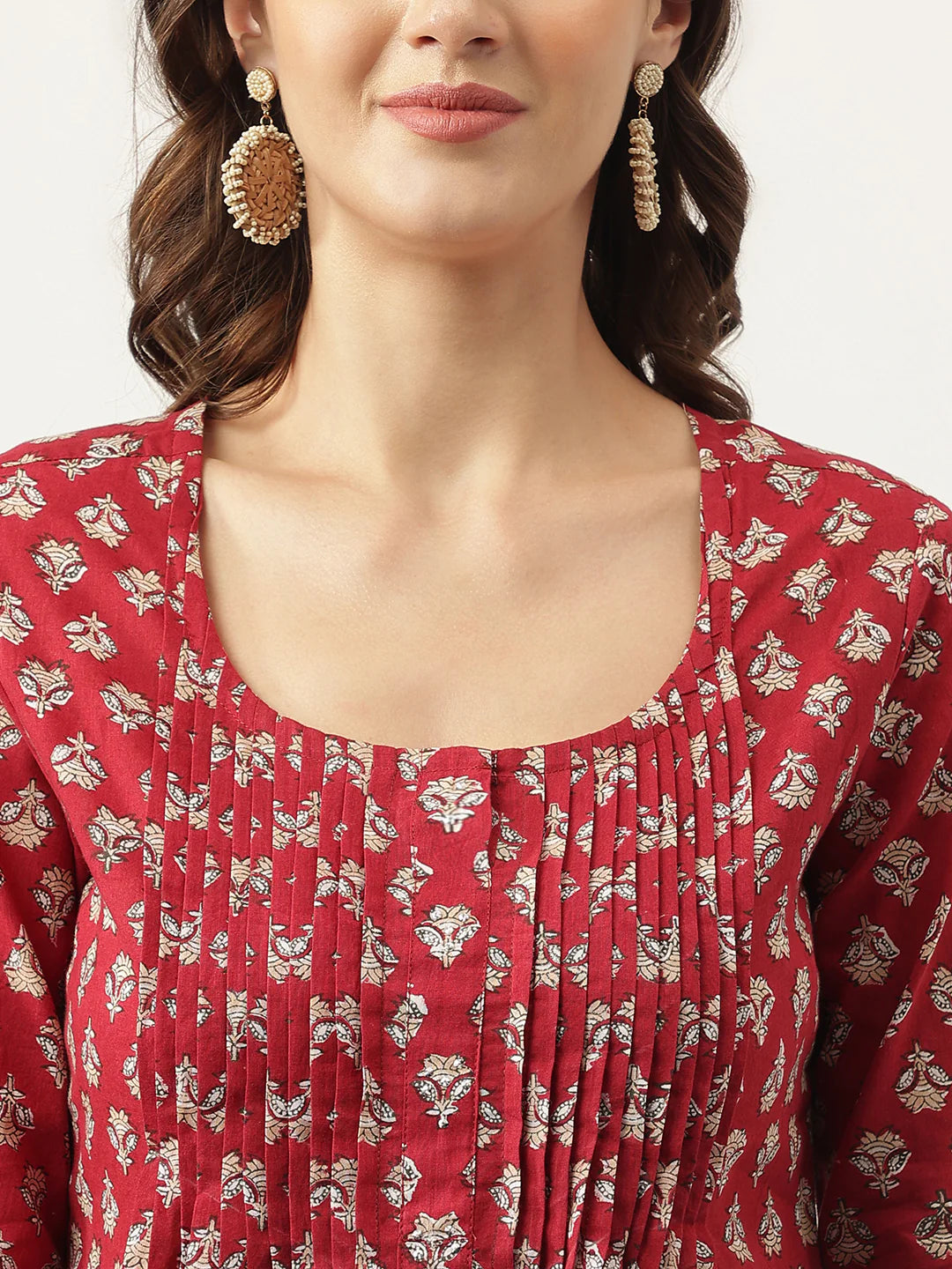 INDICASA Maroon Floral Printed Cotton Peplum Top