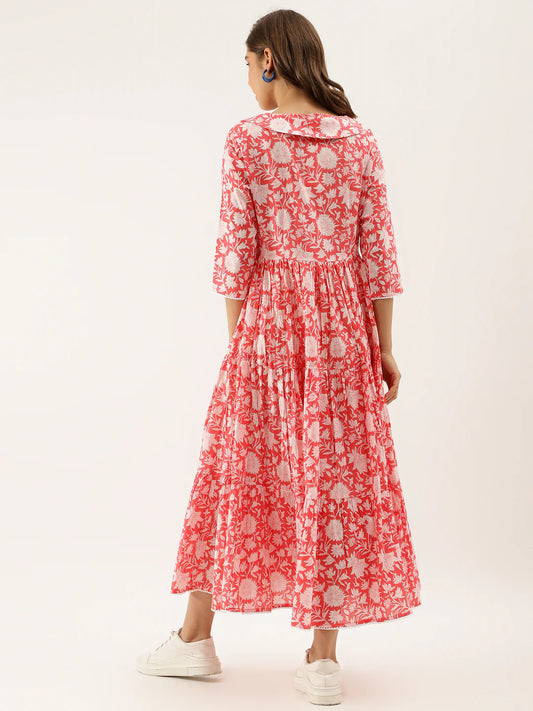 INDICASA Orange Floral Printed Cotton Ethnic Dress for Women