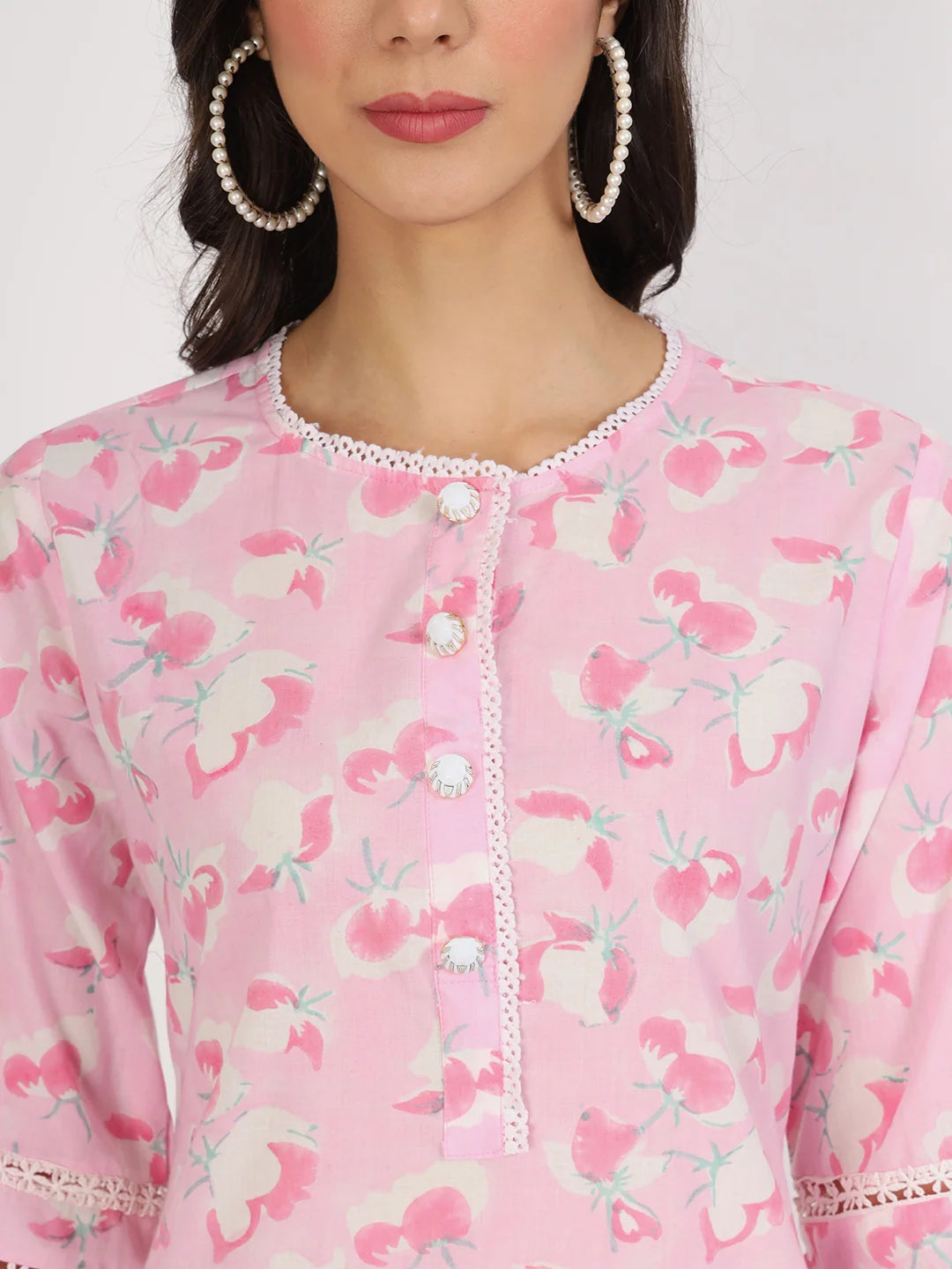 INDICASA Pink Floral Printed Cotton Kurta with Dhoti Co-Ord Set