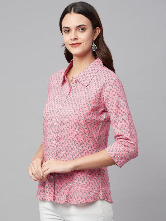 INDICASA Baby Pink Block Printed Casual Women Shirts