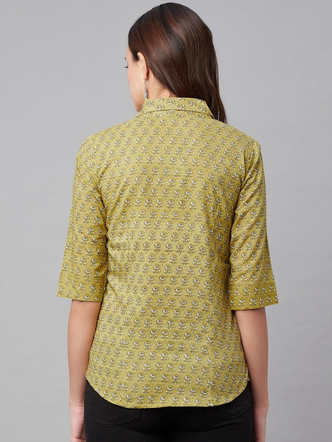 INDICASA Mehndi Green Block Printed Casual Women Shirts