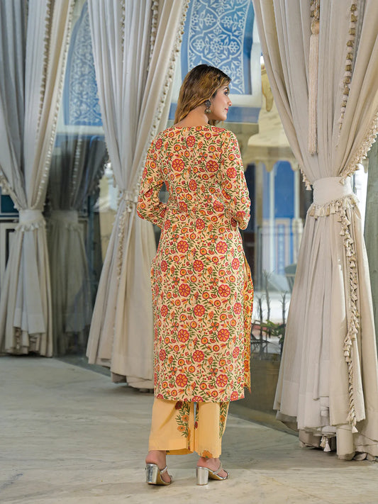 INDICASA Yellow Hand Block Cotton Straight Kurta Pant With Dupatta
