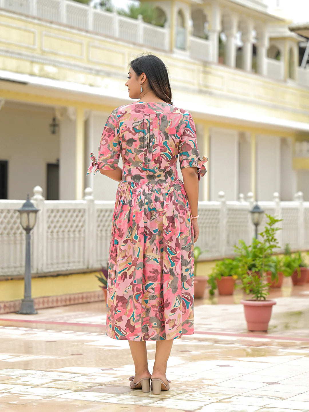 INDICASA Pink Rayon Flare Midi Dress
