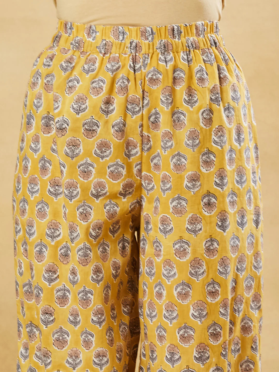 INDICASA Mustard Hand Block Cotton Kurta Pant Set With Dupatta