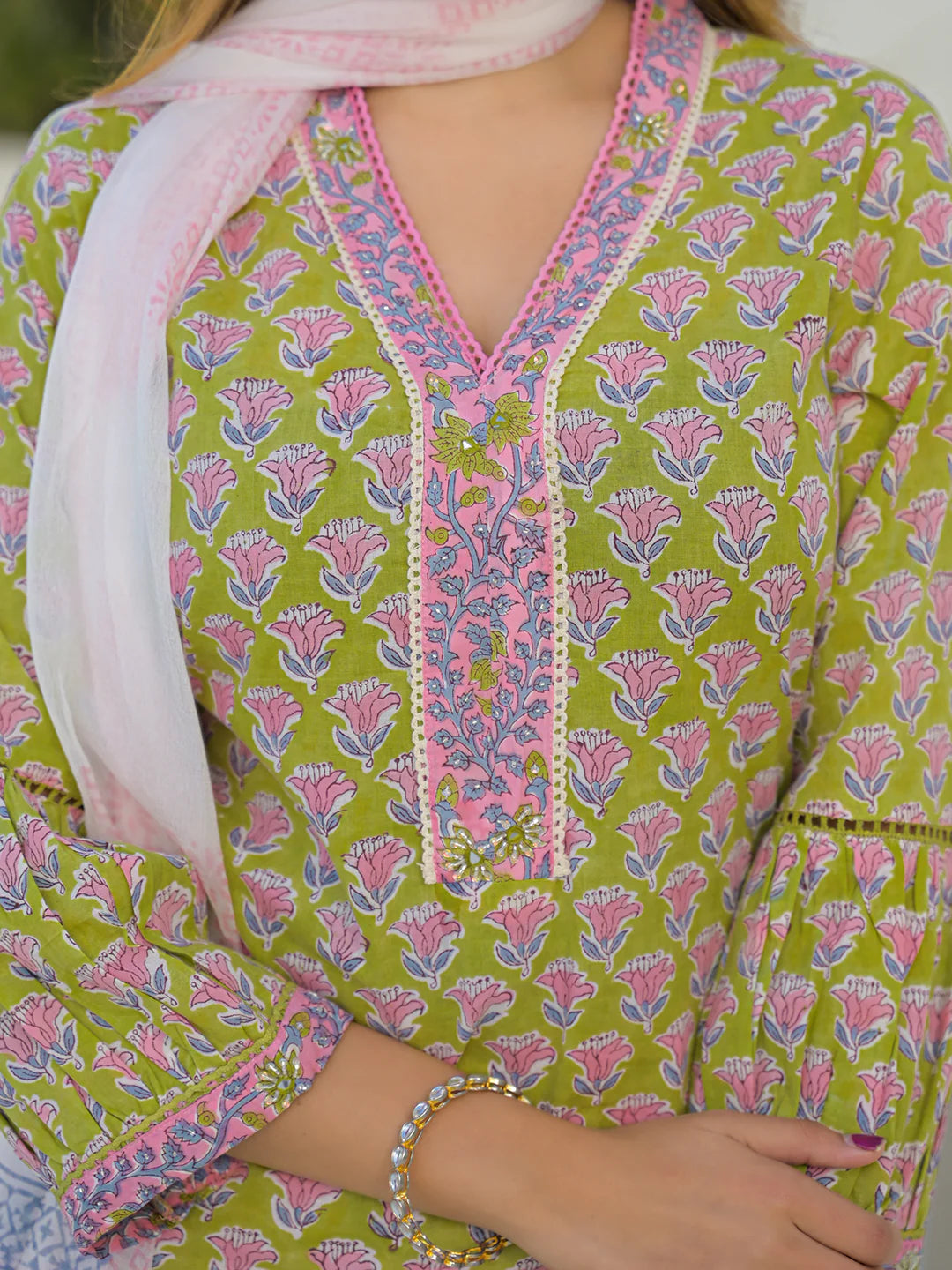 INDICASA Green Hand Block Cotton Straight Kurta Pant Set With Dupatta