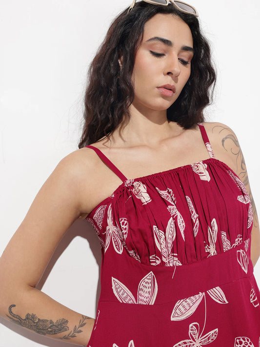 INDICASA Maroon Shoulder Stripes Fit & Flared Rayon Dress