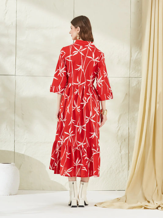 INDICASA Red Cotton Shirt Collar Midi Dress
