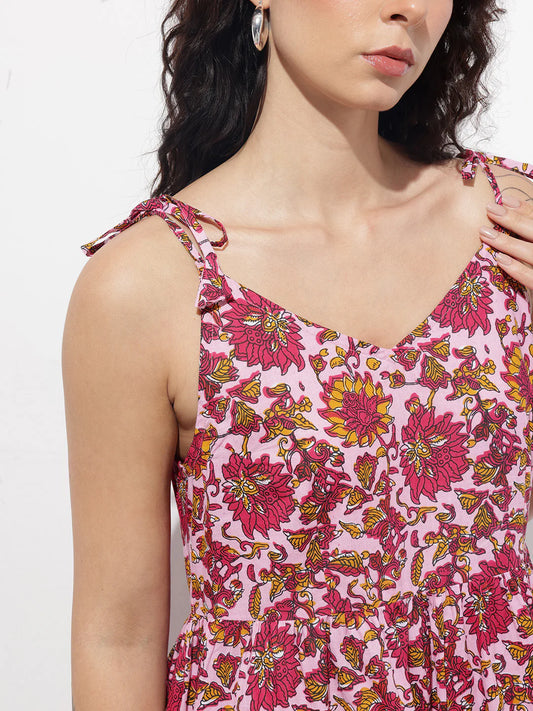INDICASA Pink Shoulder Strapes Fit & Flared Cotton Dress