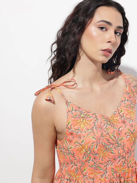 INDICASA Orange Shoulder Strapes Fit & Flared Cotton Dress