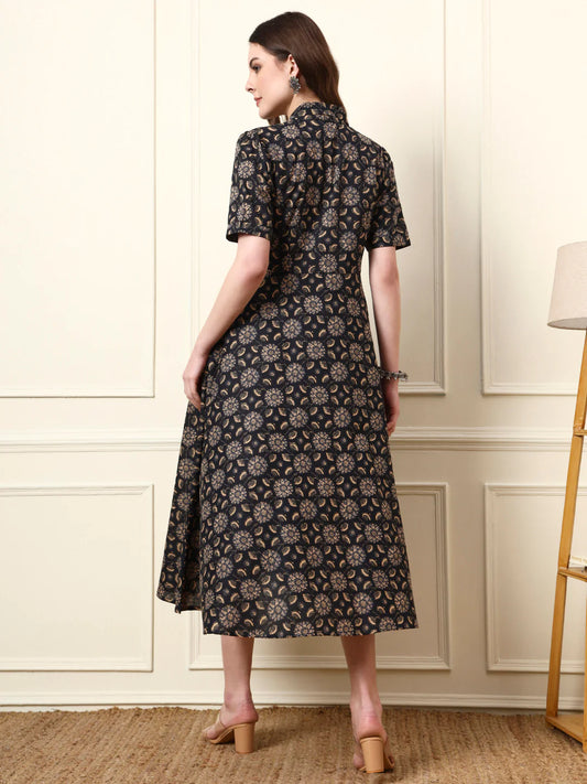 INDICASA Black Shirt Collar Cotton Dress