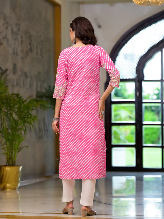 INDICASA Pink Leheriya Print Embroidered Pure Cotton Straight Kurta