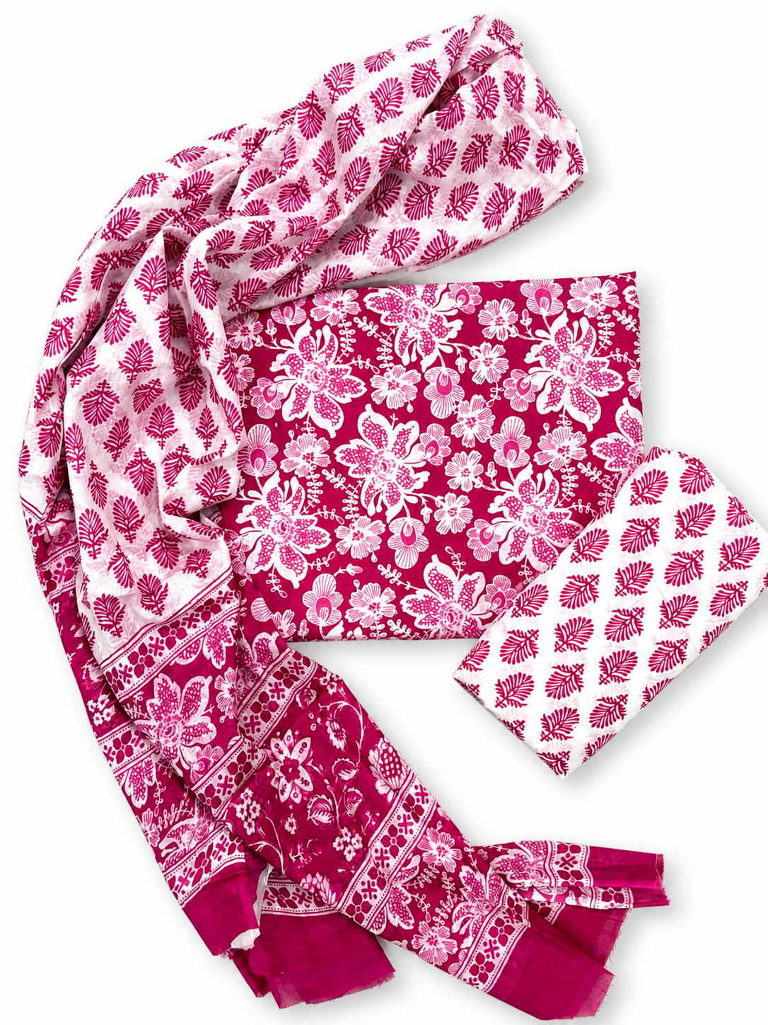 INDICASA Traditional Floral Printed Cotton Suit With Cotton Dupatta (Pink)