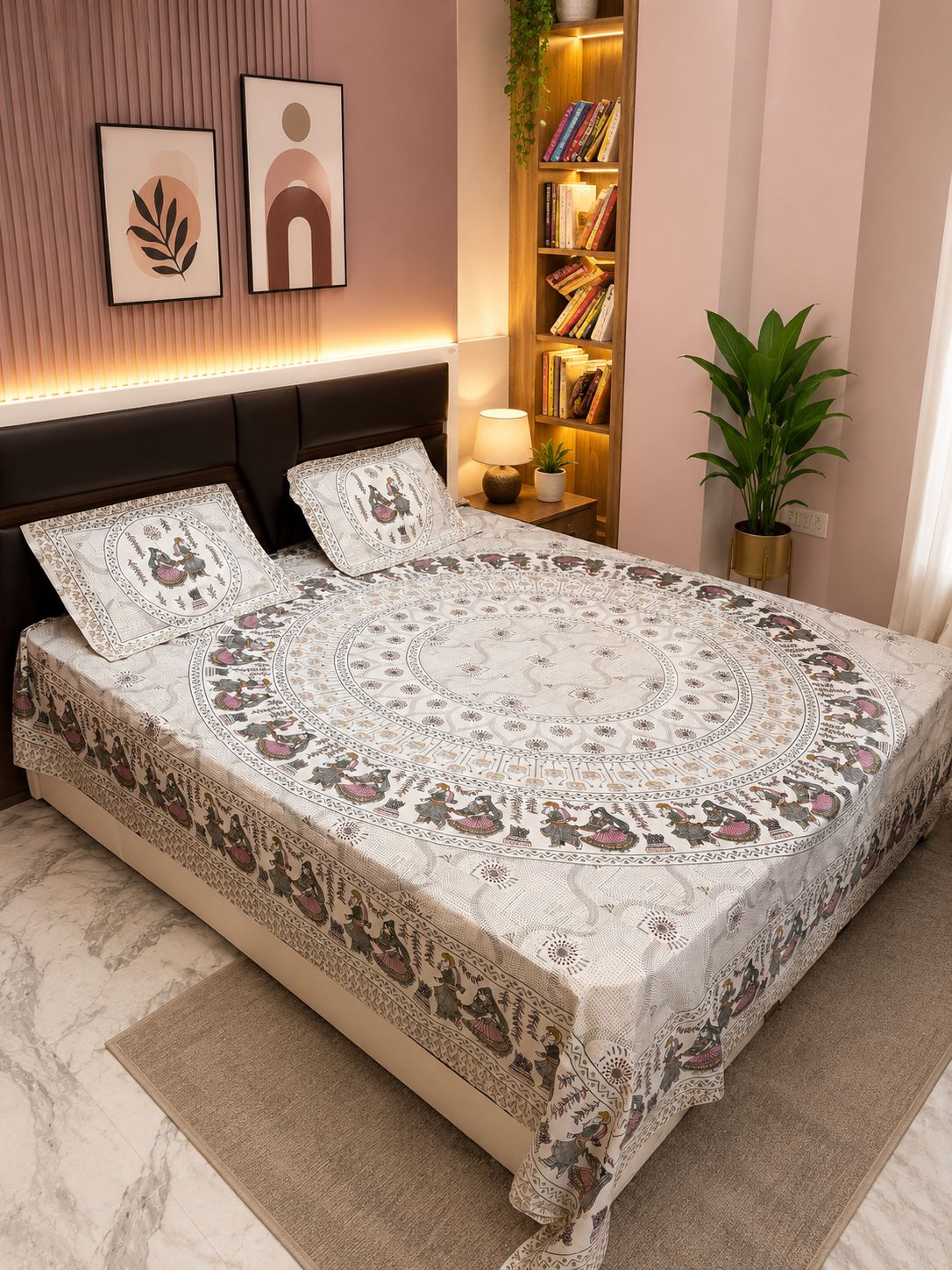 INDICASA Heritage Motifs Hand Block Printed Super King Bedsheet with 2 pillow covers