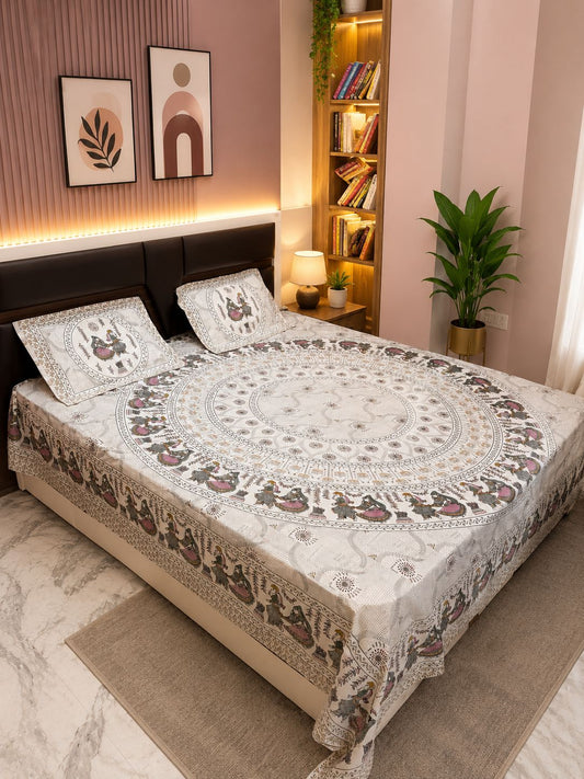 INDICASA Heritage Motifs Hand Block Printed Super King Bedsheet with 2 pillow covers