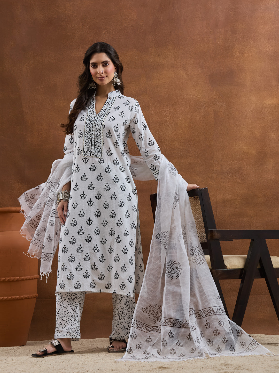INDICASA White Kurta Sets With Kota Doria Dupatta