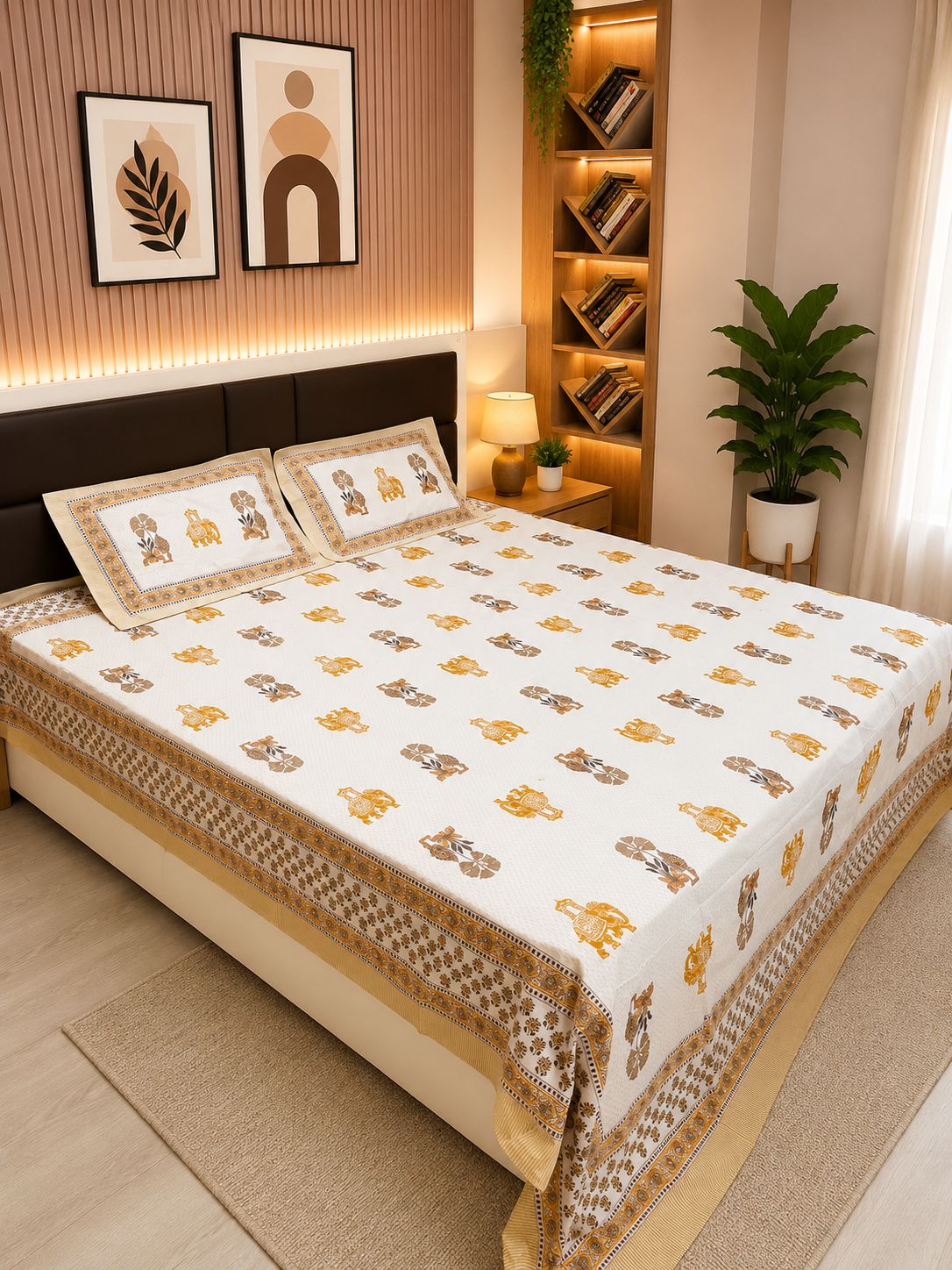 INDICASA Royal Elephant Printed Hand Block Super King Bedsheet with 2 pillow covers