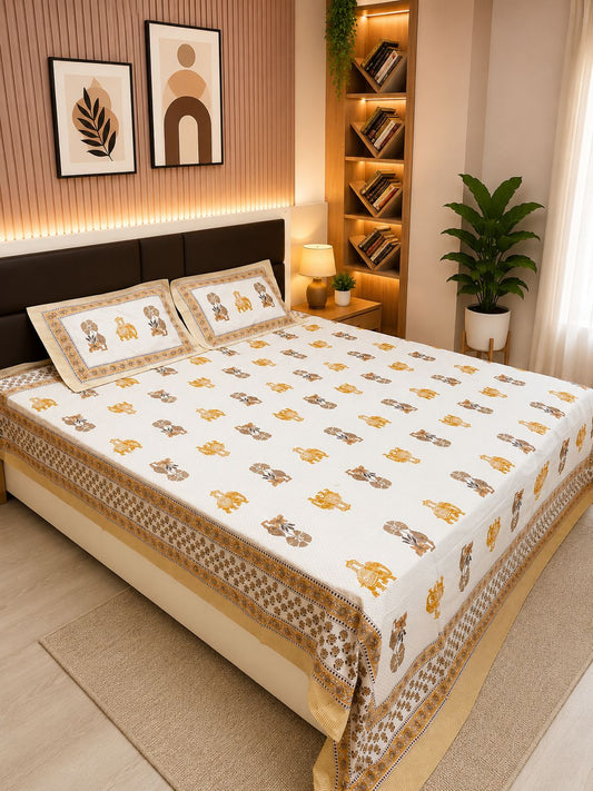 INDICASA Royal Elephant Printed Hand Block Super King Bedsheet with 2 pillow covers