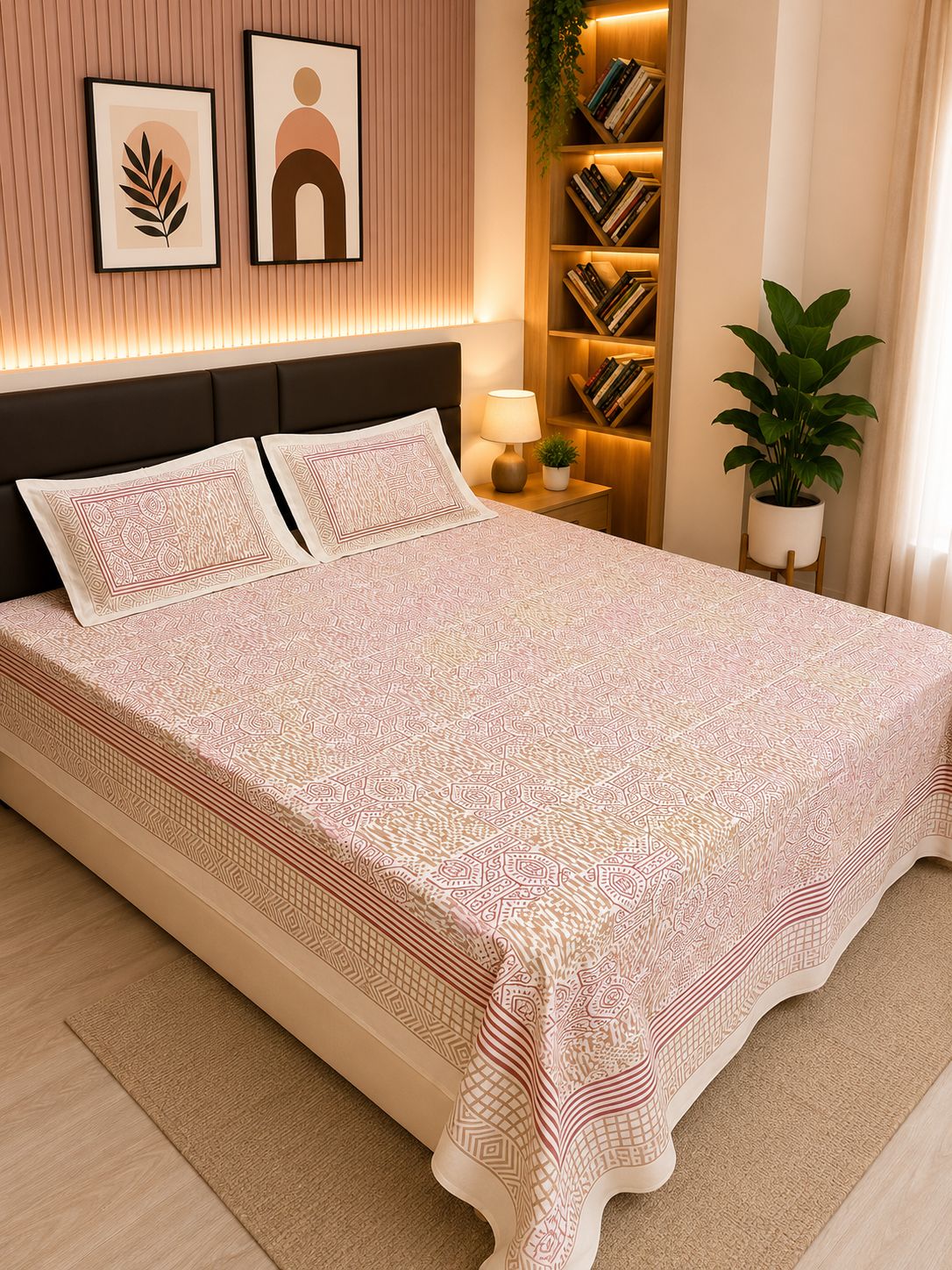 INDICASA Ethnic Mandala Patterned Hand Block Printed Super King Bedsheet with 2 pillow covers
