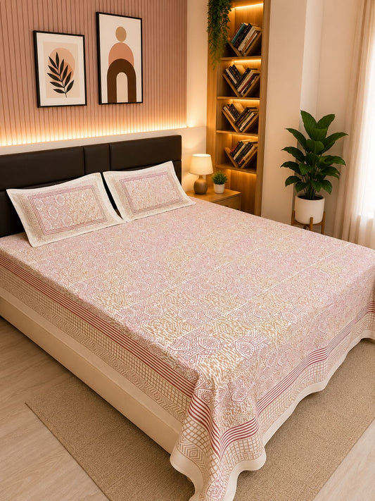 INDICASA Ethnic Mandala Patterned Hand Block Printed Super King Bedsheet with 2 pillow covers
