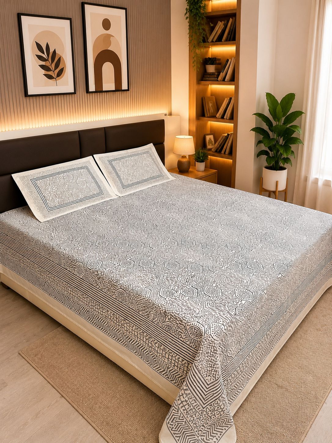 INDICASA Ethnic Mandala Patterned Hand Block Printed Super King Bedsheet with 2 pillow covers