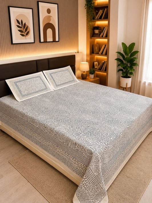 INDICASA Ethnic Mandala Patterned Hand Block Printed Super King Bedsheet with 2 pillow covers