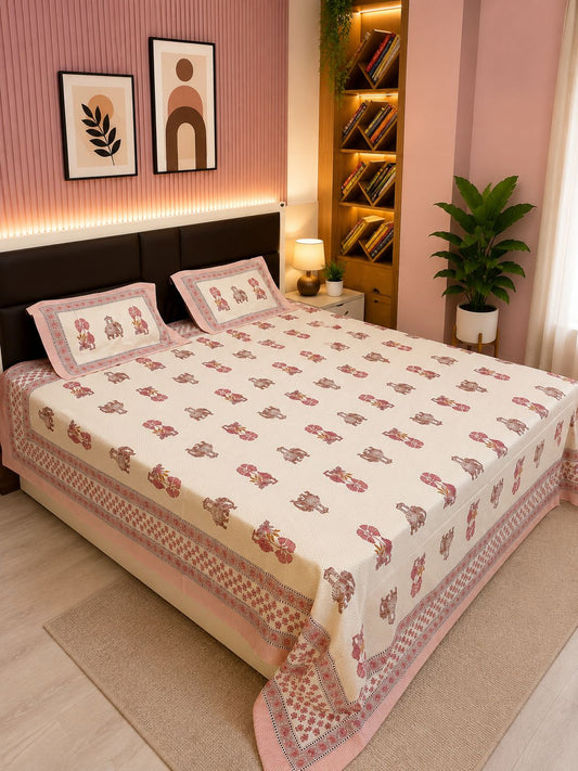 INDICASA Royal Elephant Printed Hand Block Super King Bedsheet with 2 pillow covers