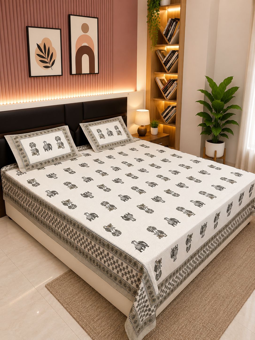 INDICASA Royal Elephant Printed Hand Block Super King Bedsheet with 2 pillow covers