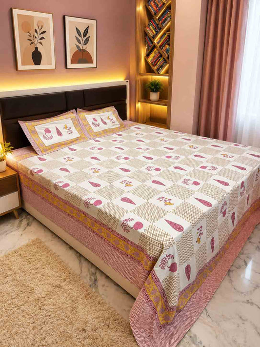 INDICASA Chevron and Buti Motifs Hand Block Printed Super King Bedsheet with 2 pillow covers
