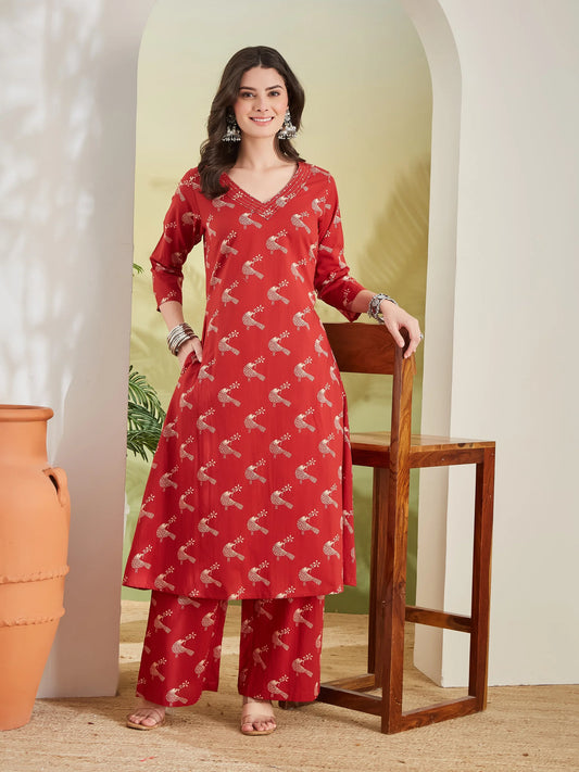 INDICASA Pure Cotton Quirky Print A-Line Red Kurta with Pants