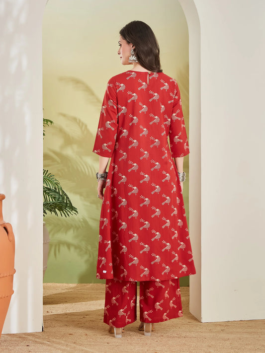 INDICASA Pure Cotton Quirky Print A-Line Red Kurta with Pants