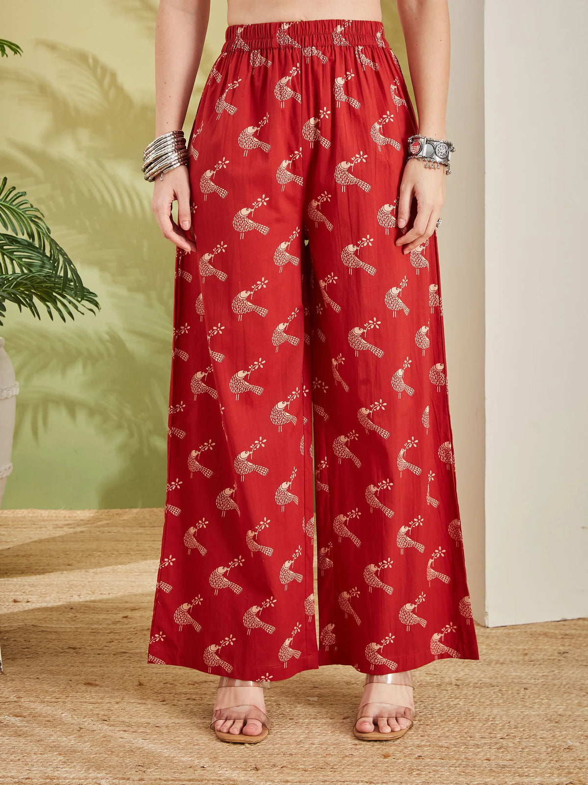 INDICASA Pure Cotton Quirky Print A-Line Red Kurta with Pants