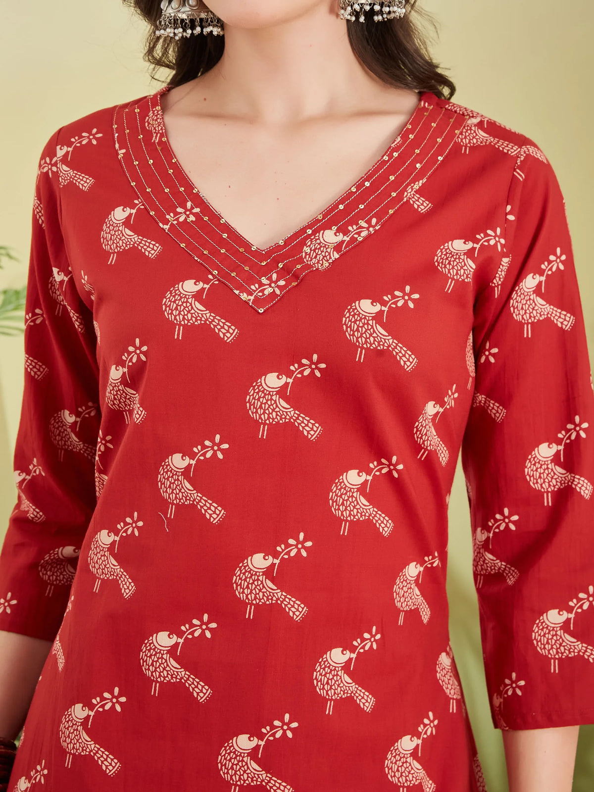 INDICASA Pure Cotton Quirky Print A-Line Red Kurta with Pants