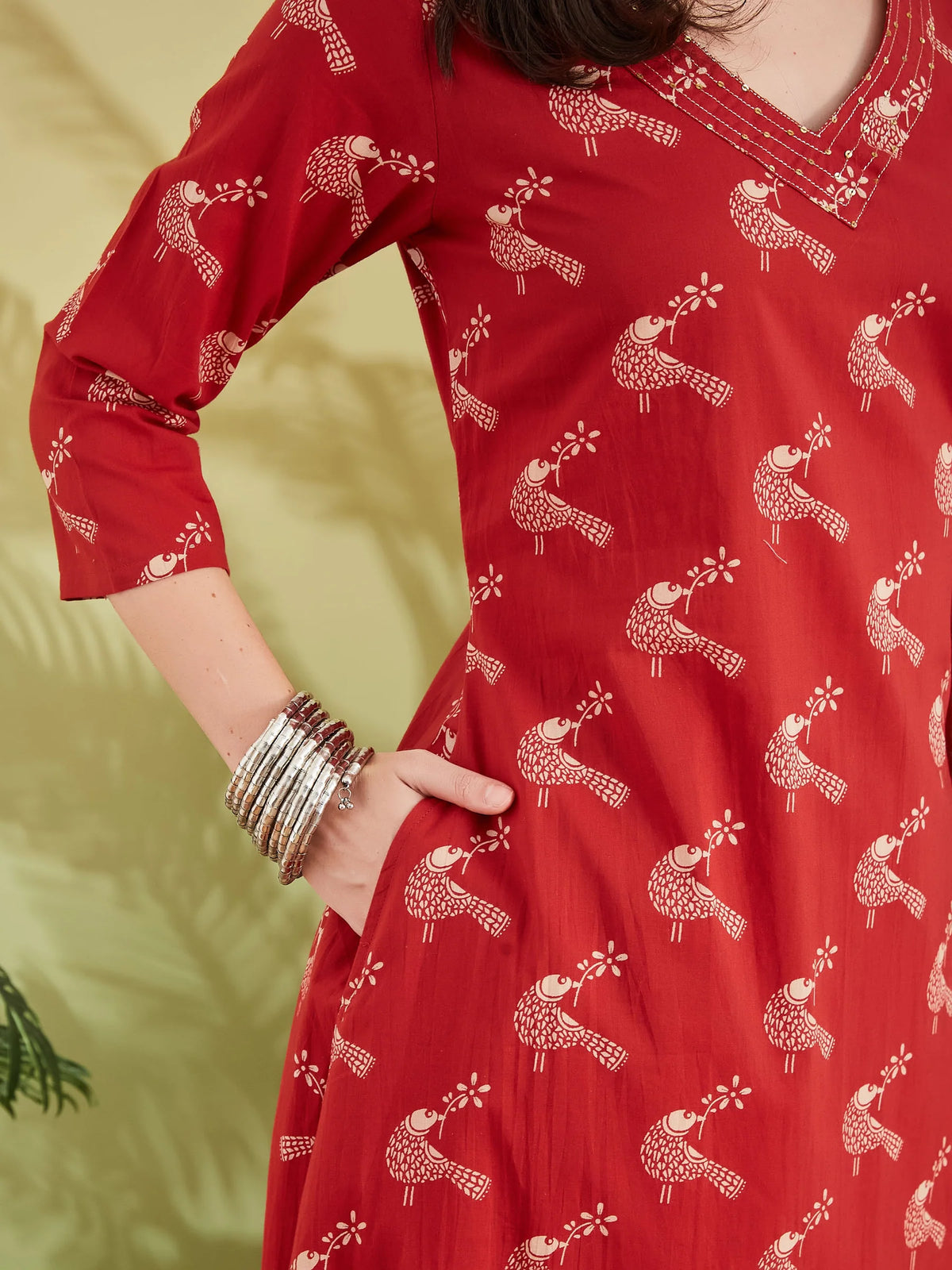 INDICASA Pure Cotton Quirky Print A-Line Red Kurta with Pants