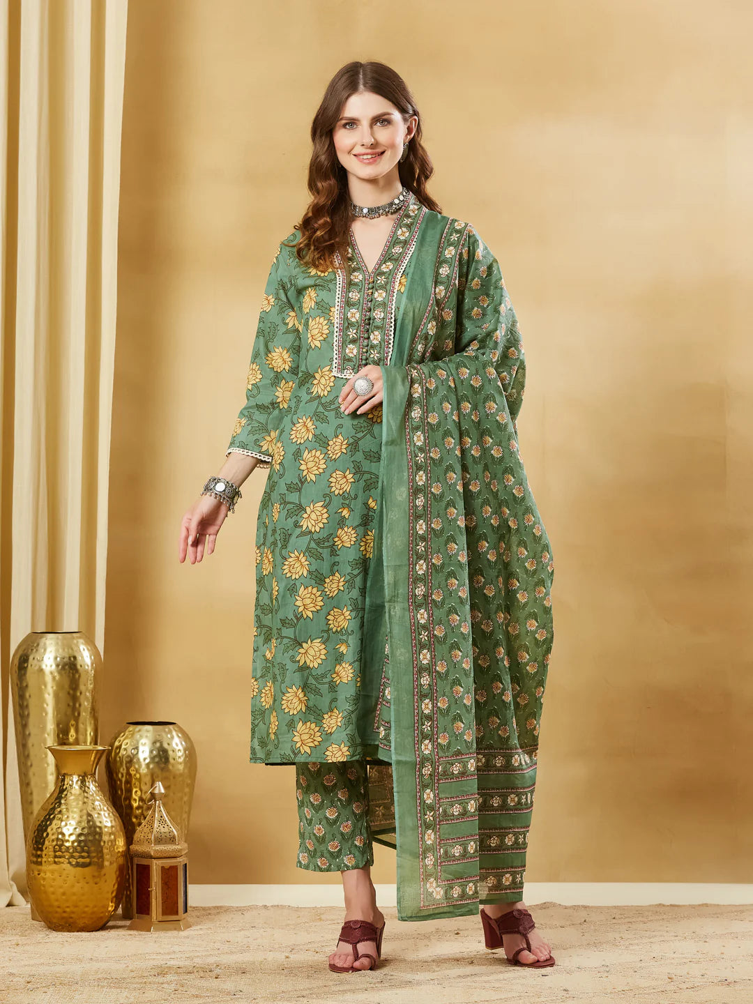 INDICASA Green A-Line Cotton Kurta Pant Set With Dupatta