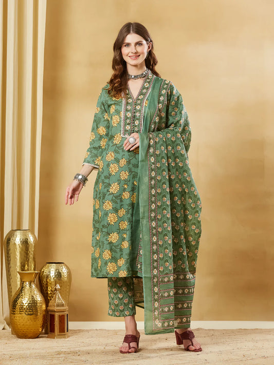INDICASA Green A-Line Cotton Kurta Pant Set With Dupatta
