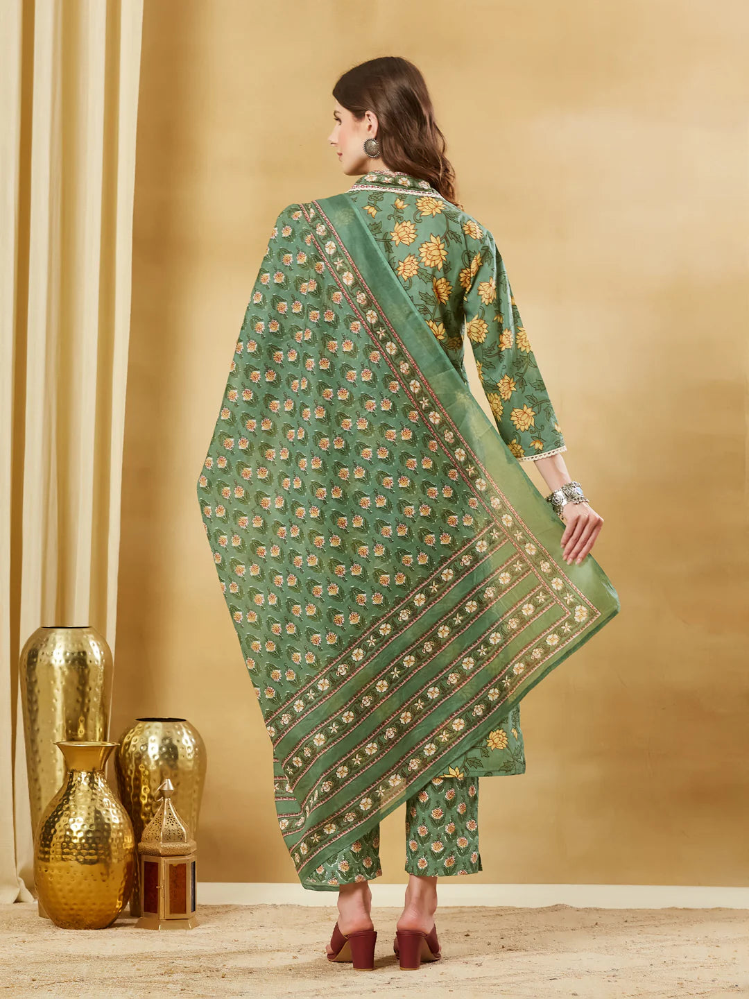 INDICASA Green A-Line Cotton Kurta Pant Set With Dupatta