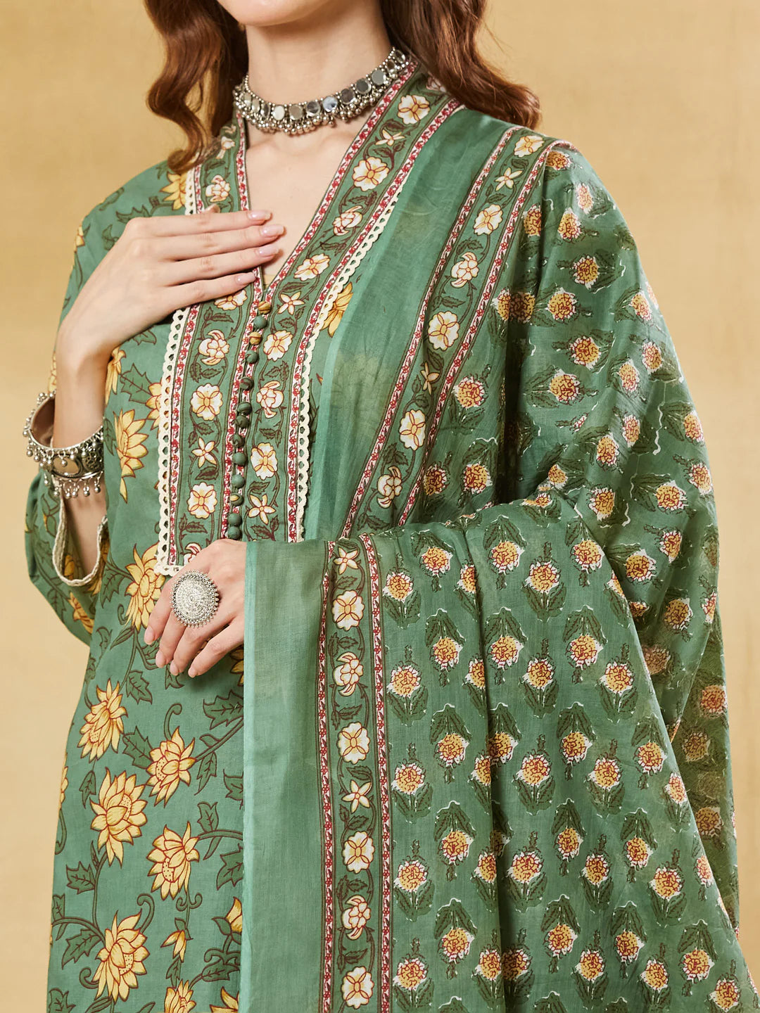 INDICASA Green A-Line Cotton Kurta Pant Set With Dupatta